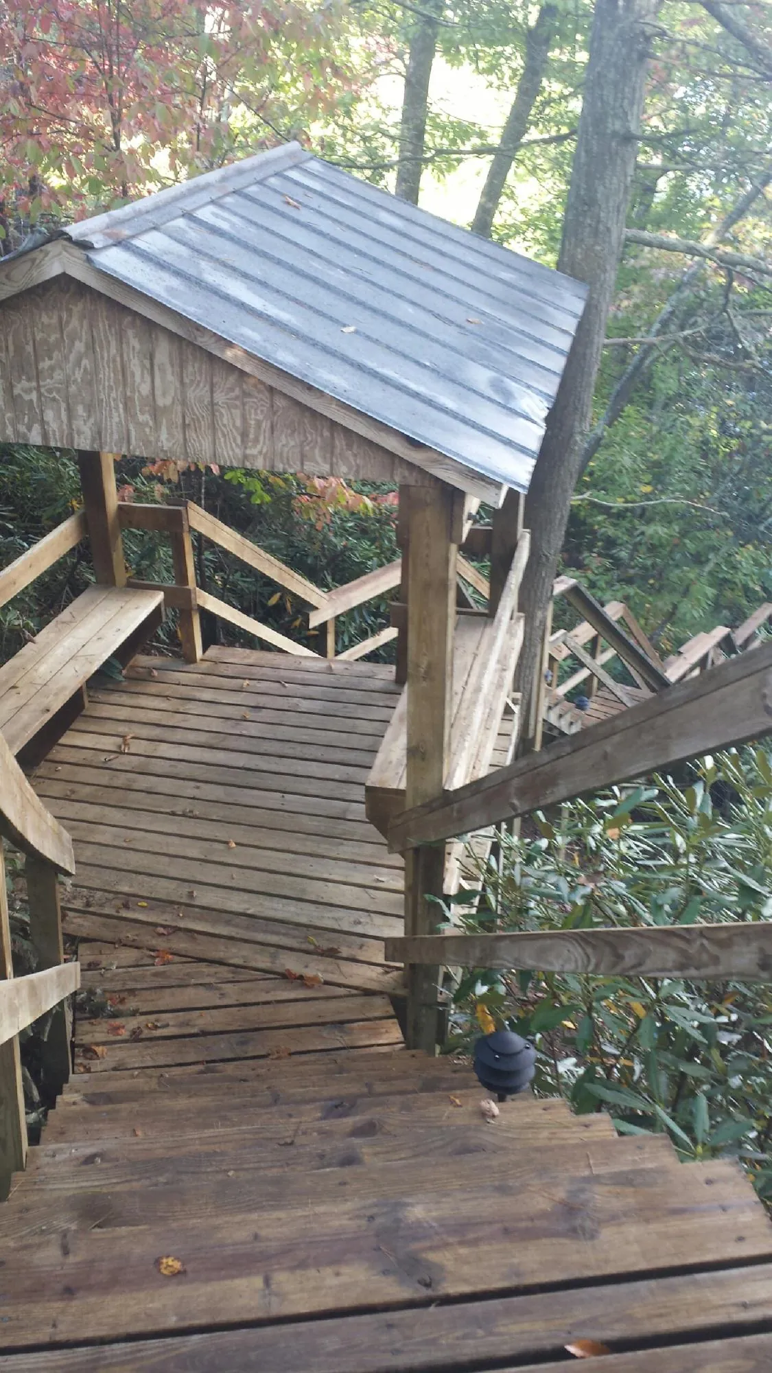 Metal roofed shelter over wooden steps on a wooded walkway — Skylight Repair & Installation work by our crew in Campaign